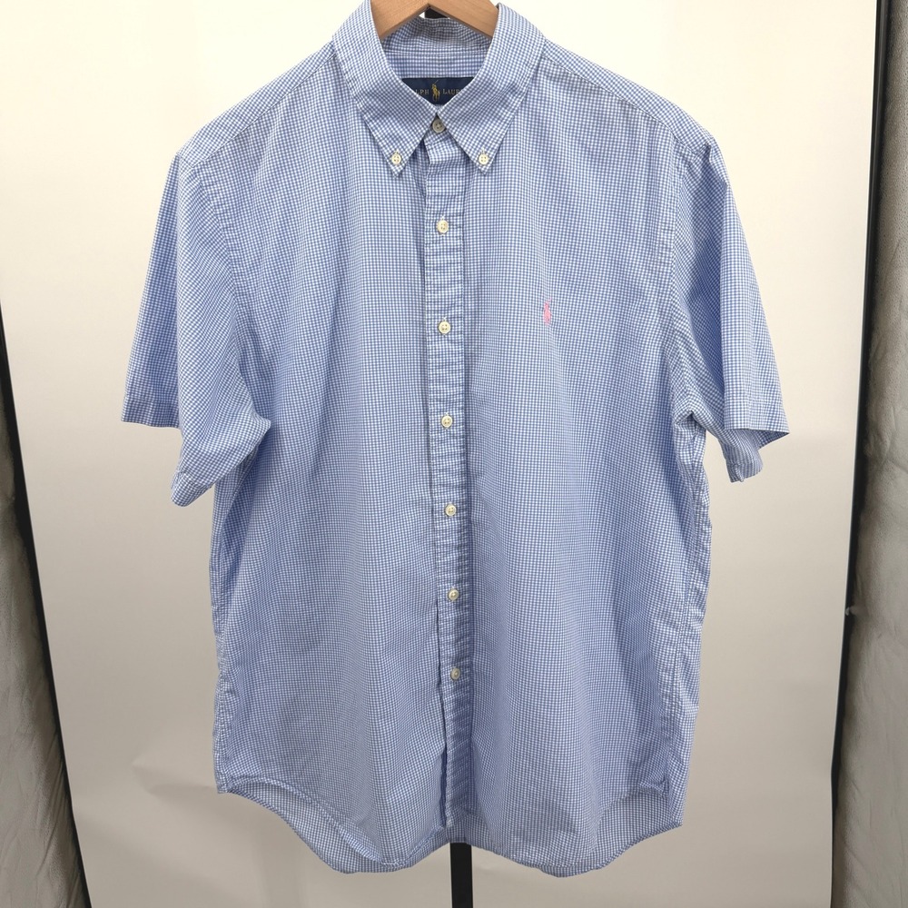 Ralph Lauren Mens L Short Sleeve Button Down Shirt Blue Gingham Cotton